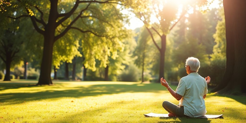 Elderly person meditating peacefully in a sunny park.