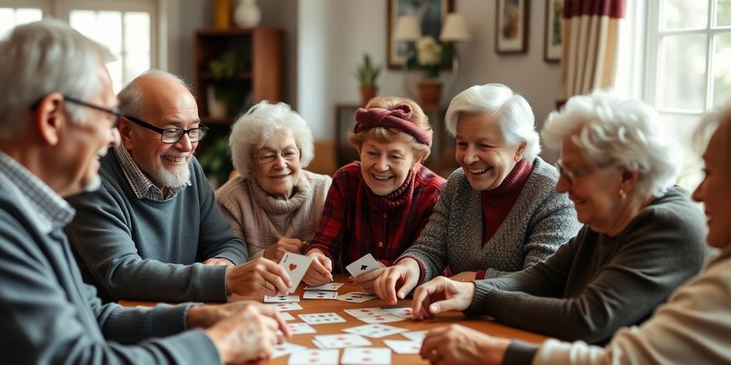Elderly friends enjoying a social activity together indoors.