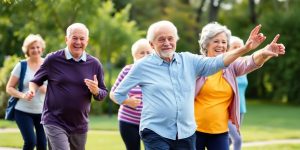 Seniors exercising outdoors for a healthier lifestyle after 60.