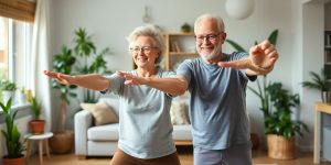 Senior couple exercising together at home in bright room.