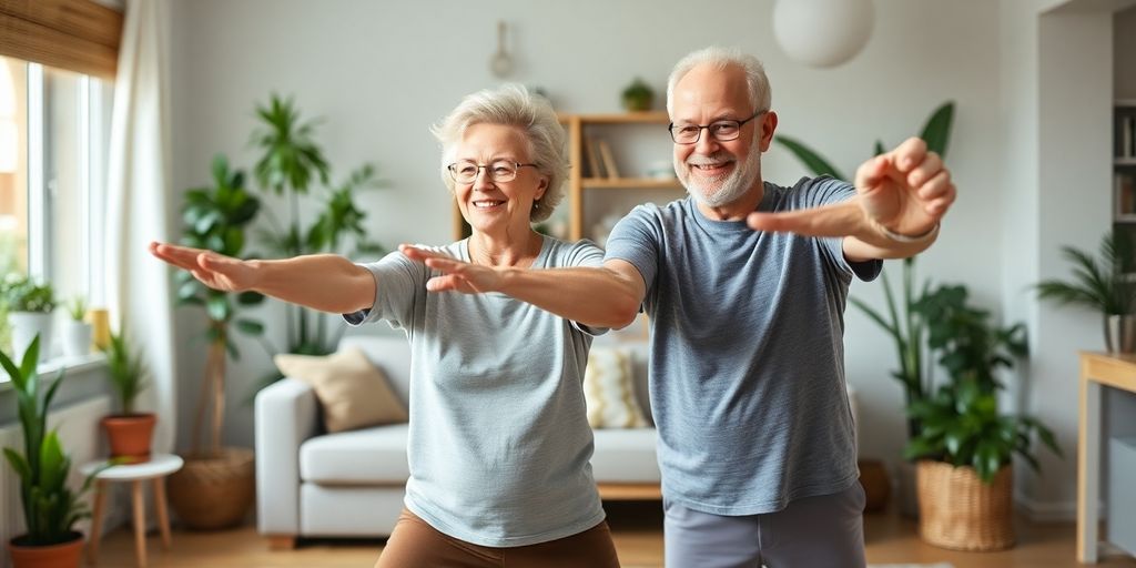 Senior couple exercising together at home in bright room.