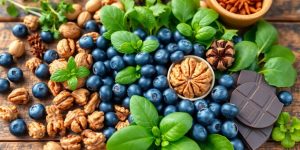 Colorful foods promoting brain health on a wooden table.